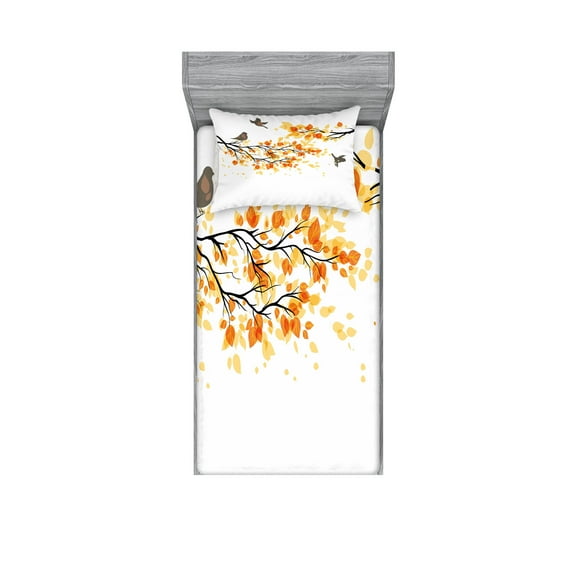 Ambesonne Forest Fitted Sheet & Pillow Sham Set, Flying Birds and Leaves, Twin, Yellow and Cream