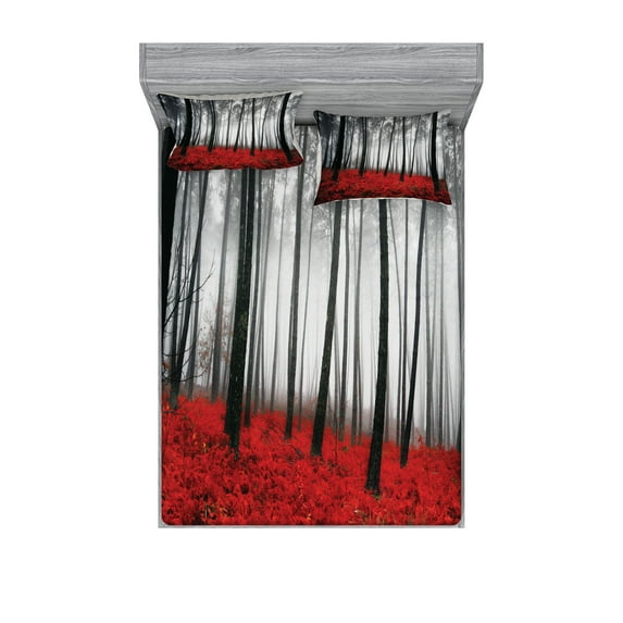 Ambesonne Forest Fitted Sheet & Pillow Sham Set, Foggy Woodland, King, Pale Grey Black and Red