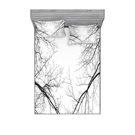 Ambesonne Forest Fitted Sheet & Pillow Sham Set, Leafless Scary Branches, Queen, Black and White