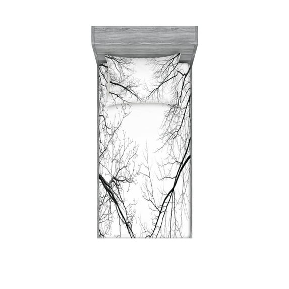 Ambesonne Forest Fitted Sheet & Pillow Sham Set, Leafless Scary Branches, Twinxl, Black and White