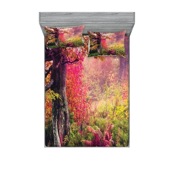 Ambesonne Forest Fitted Sheet & Pillow Sham Set, Majestic Autumn Trees, Full, Red Green Brown