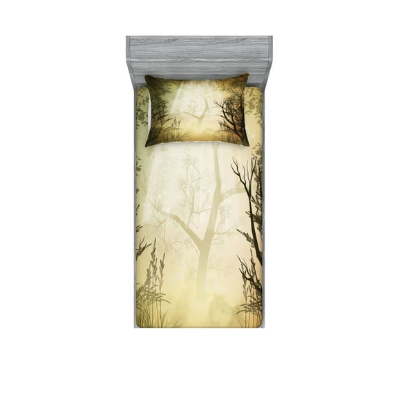 Ambesonne Forest Fitted Sheet & Pillow Sham Set, Sunbeams, Twin, Pale Yellow Black