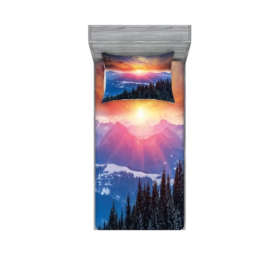 Ambesonne Forest Fitted Sheet & Pillow Sham Set, Sunset in Mountains, Twinxl, Orange Blue