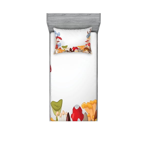 Ambesonne Forest Fitted Sheet & Pillow Sham Set, Wild Mushrooms Cartoon, Twinxl, Multicolor