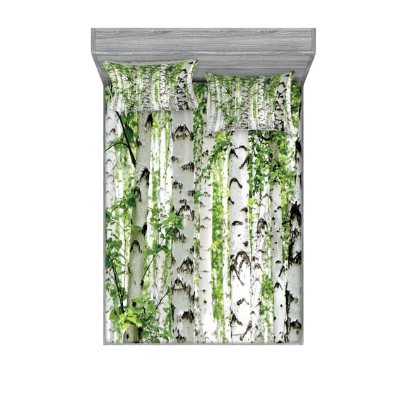 Ambesonne Forest Fitted Sheet & Pillow Sham Set, Wildlife Nature Summer, Full, White Green