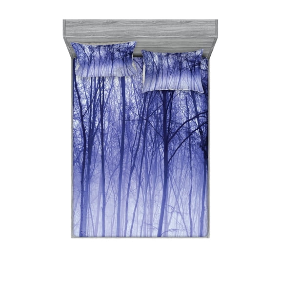 Ambesonne Forest Fitted Sheet & Pillow Sham Set, Winter Woodland Foggy, Full, Purple Black Grey