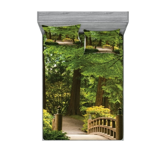 Ambesonne Forest Fitted Sheet & Pillow Sham Set, Wooden Bridge over Pond, Full, Green Brown