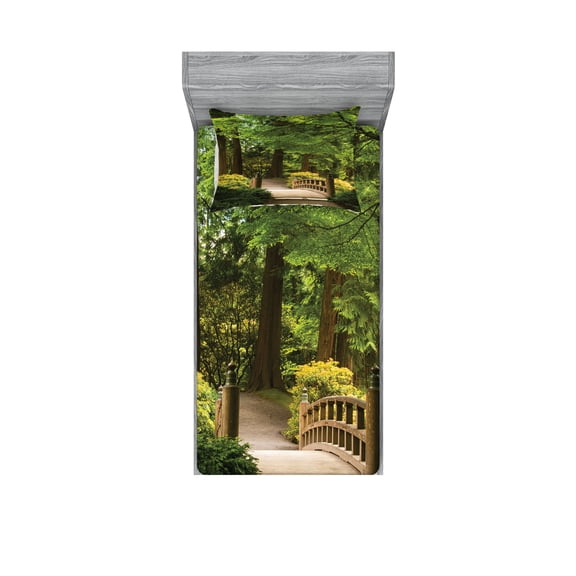 Ambesonne Forest Fitted Sheet & Pillow Sham Set, Wooden Bridge over Pond, Twin, Green Brown