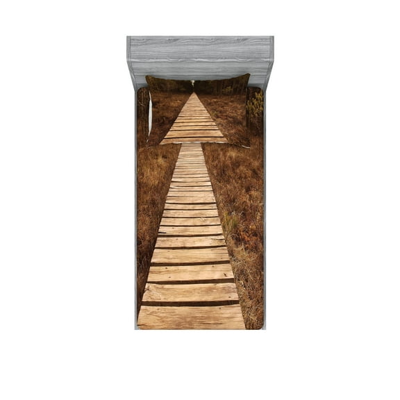 Ambesonne Forest Fitted Sheet & Pillow Sham Set, Wooden Path Adventure, Twin, Brown Green