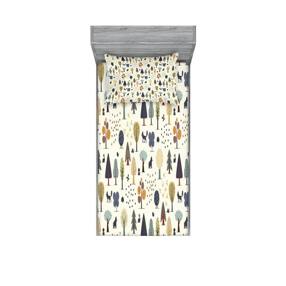 Ambesonne Forest Fitted Sheet & Pillow Sham Set, Woodland Trees Animals, Twin, Multicolor