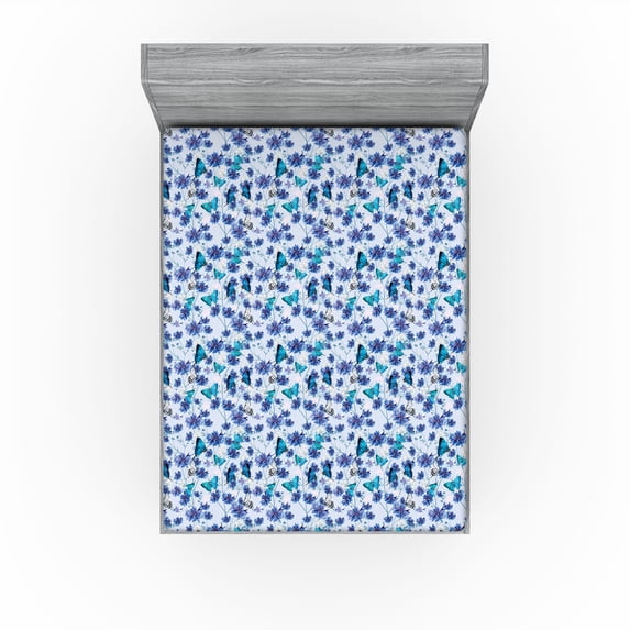 Ambesonne Forest Fitted Sheet, Realistic Butterfly Floral, Queen Size, Pale Lavender Aqua