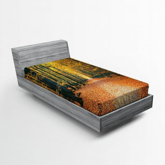 Ambesonne Forest Fitted Sheet, Romantic Alley Woods, Twin Size, Slate Blue Orange Yellow
