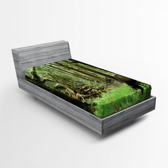 Ambesonne Forest Fitted Sheet, Roosevelt Elk in Park, Twin Size, Green Brown