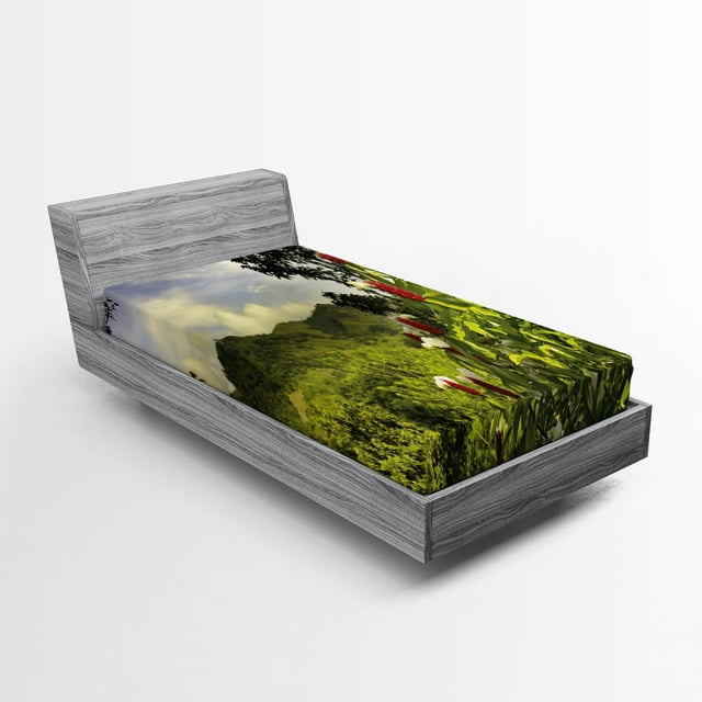 Ambesonne Forest Fitted Sheet, Rural Scenery Costa Rica, Twin Size, Green Red Violet Blue