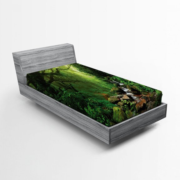 Ambesonne Forest Fitted Sheet, Spring in Nepal Footpath, Twin XL Size, Green Brown