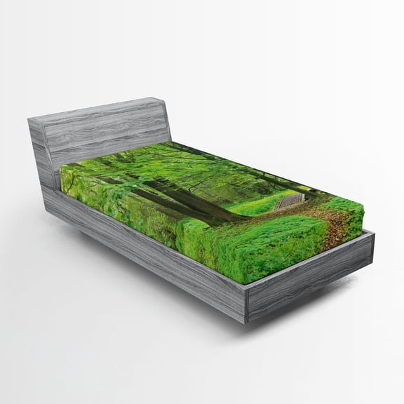 Ambesonne Forest Fitted Sheet, Summer Trees Tranquil, Twin XL Size, Fern Green Brown