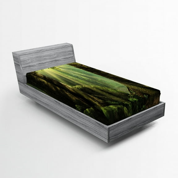 Ambesonne Forest Fitted Sheet, Sunbeam Moss Tree Bodies, Twin XL Size, Olive and Army Green