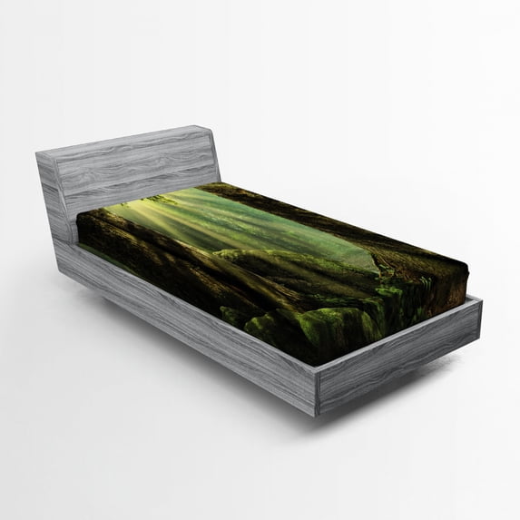 Ambesonne Forest Fitted Sheet, Sunbeam Moss Tree Bodies, Twin XL Size, Olive and Army Green