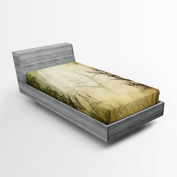 Ambesonne Forest Fitted Sheet, Sunbeams, Twin XL Size, Pale Yellow Black