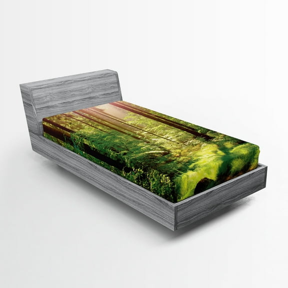 Ambesonne Forest Fitted Sheet, Sunset Moss Woods Trees, Twin XL Size, Green Brown