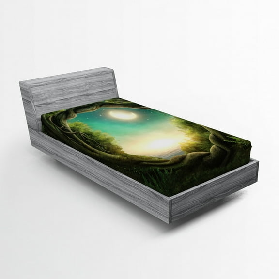 Ambesonne Forest Fitted Sheet, Tree, Twin Size, Cream Green Teal