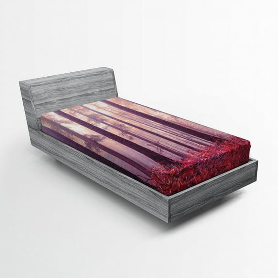 Ambesonne Forest Fitted Sheet, Trees Foggy Sunlight, Twin XL Size, Lilac Dark Coral