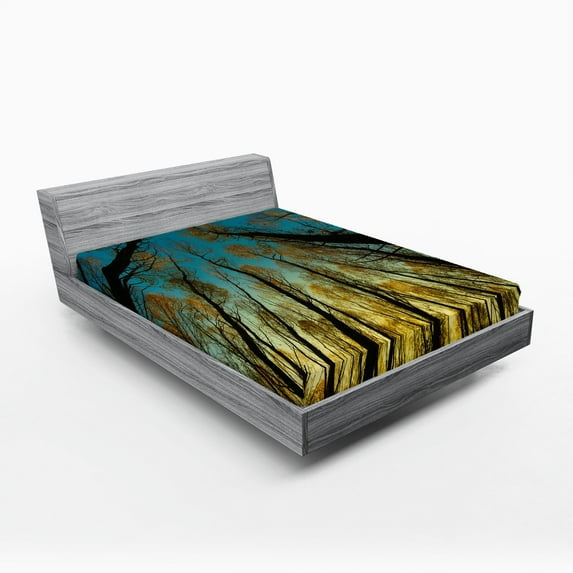 Ambesonne Forest Fitted Sheet, Trees Sunrise Pastoral, Full Size, Yellow Blue Black