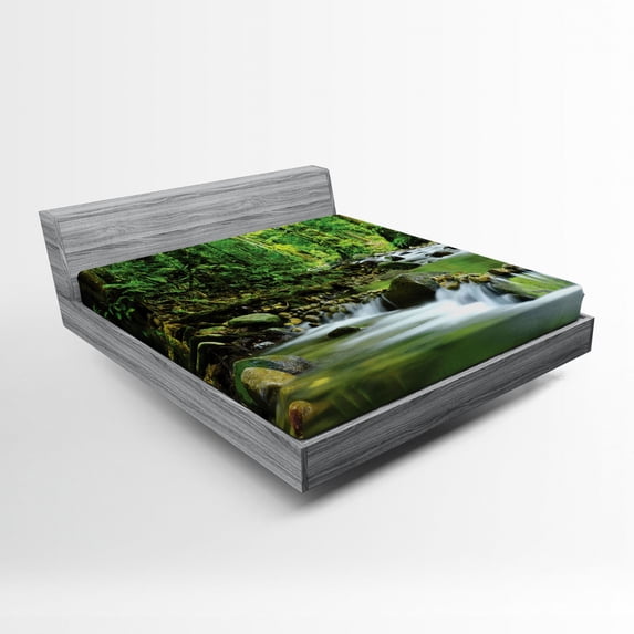 Ambesonne Forest Fitted Sheet, Tropic Mountain Stream, Queen Size, Green Brown