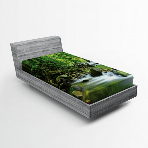 Ambesonne Forest Fitted Sheet, Tropic Mountain Stream, Twin Size, Green Brown