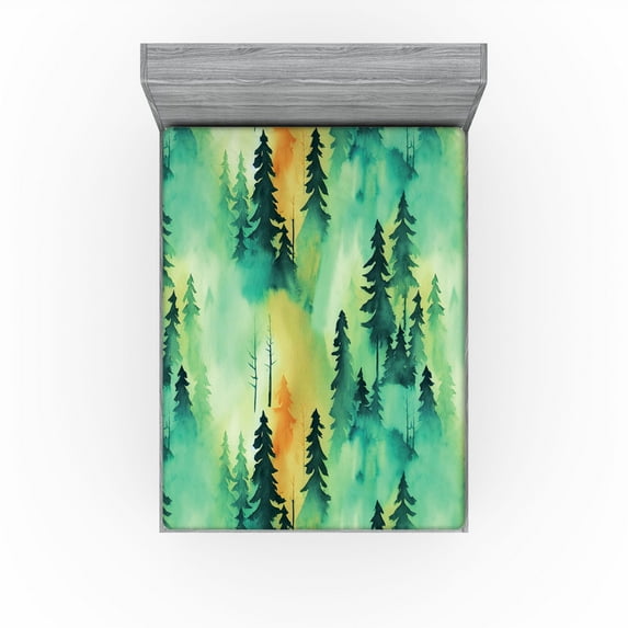 Ambesonne Forest Fitted Sheet, Vintage Jungle Landscape Art, King Size, Fern Green and Laurel Green