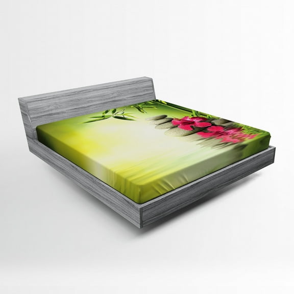 Ambesonne Forest Fitted Sheet, Wild Leaves and Calm Water, Full Size, Apple Green and Magenta