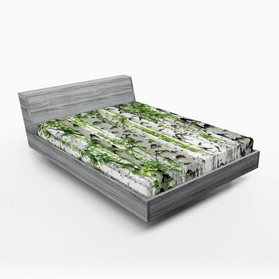 Ambesonne Forest Fitted Sheet, Wildlife Nature Summer, Queen Size, White Green