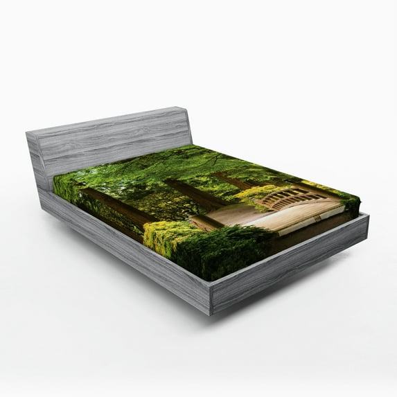 Ambesonne Forest Fitted Sheet, Wooden Bridge over Pond, Queen Size, Green Brown