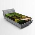 thumbnail image 1 of Ambesonne Forest Fitted Sheet, Wooden Bridge over Pond, Twin XL Size, Green Brown, 1 of 2