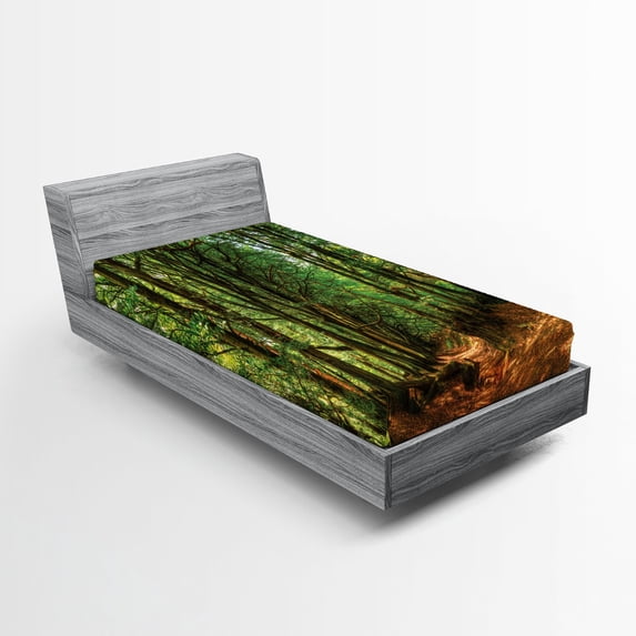 Ambesonne Forest Fitted Sheet, Woodland Pathway Scene, Twin XL Size, Green Brown