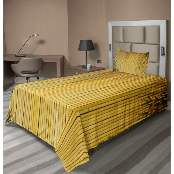 Ambesonne Forest Fitted & Top Sheet Set with Sham, Simple Oriental Nature Leaf, Yellow Mustard