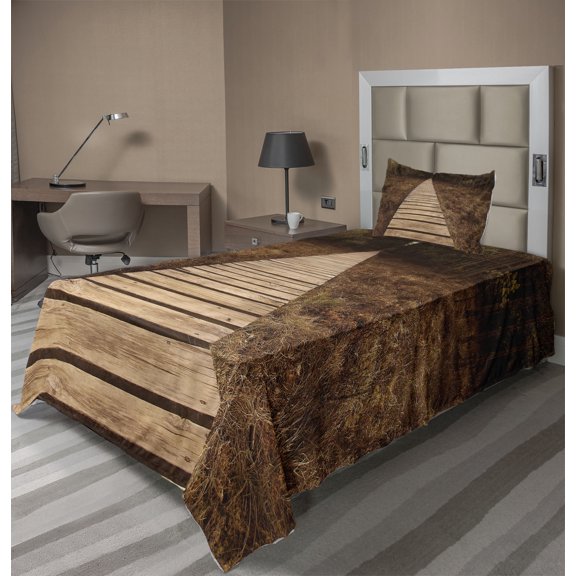 Ambesonne Forest Fitted & Top Sheet Set with Sham, Wooden Path Adventure, Brown Green