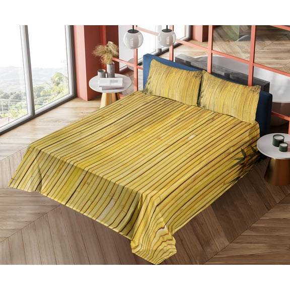 Ambesonne Forest Fitted & Top Sheet Set with Shams, Simple Oriental Nature Leaf, Yellow Mustard