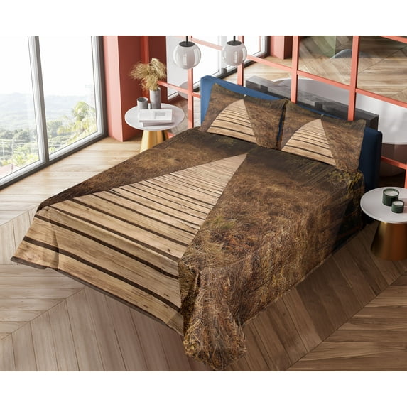 Ambesonne Forest Fitted & Top Sheet Set with Shams, Wooden Path Adventure, Brown Green
