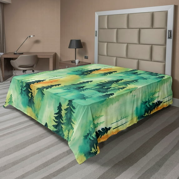 Ambesonne Forest Flat Bedding Sheet Soft Top Sheet, Vintage Jungle Landscape Art, King, Fern Green and Laurel Green