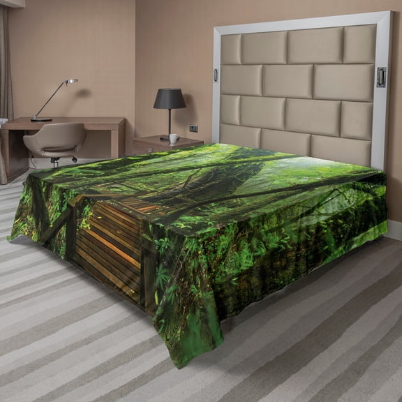 Ambesonne Forest Flat Sheet, Entrance to Wilderness, Queen Size, Green Brown