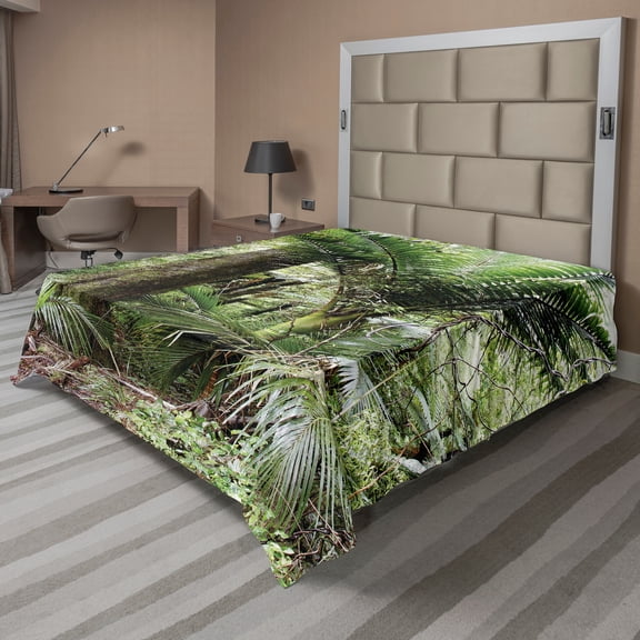 Ambesonne Forest Flat Sheet, Foliage Jungle Design, Queen Size, Green Brown