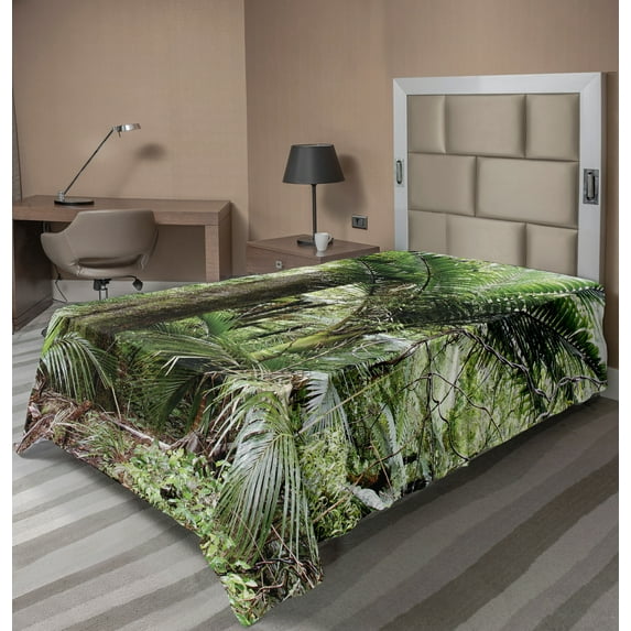 Ambesonne Forest Flat Sheet, Foliage Jungle Design, Twin Size, Green Brown