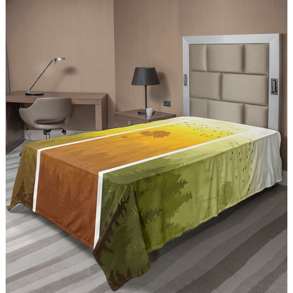 Ambesonne Forest Flat Sheet, Hills Trees and Birds, Twin Size, Green Orange Yellow