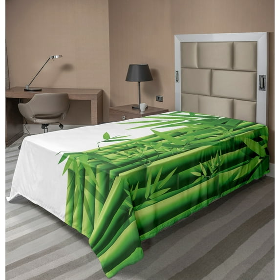 Ambesonne Forest Flat Sheet, Japanese Tree Leaf Artwork, Twin Size, White and Green