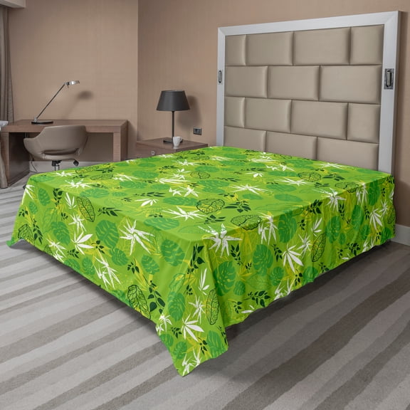 Ambesonne Forest Flat Sheet, Jungle Scene Monstera Leaves, Queen Size, Lime Green Evergreen