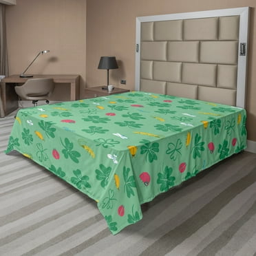 Ambesonne Forest Flat Sheet, Luck Symbols Clover Ladybug, King Size, Sea Green Multicolor