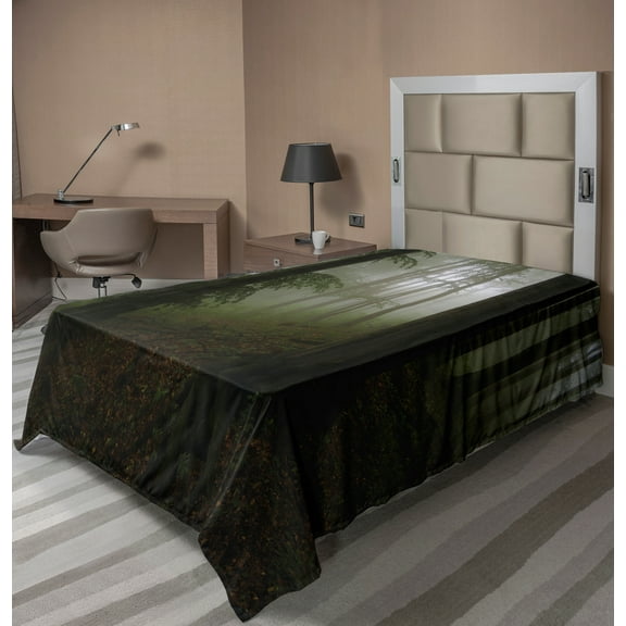 Ambesonne Forest Flat Sheet, Mysterious Woods Foggy, Twin Size, White Green Brown