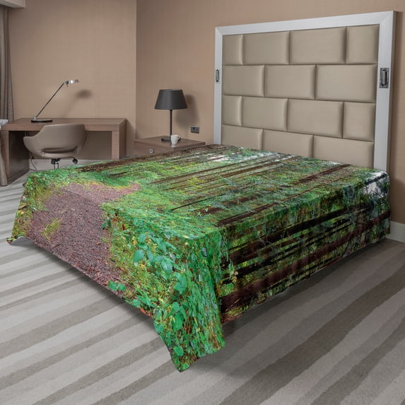 Ambesonne Forest Flat Sheet, Nature Theme Pathway Scene, California King, Green Taupe