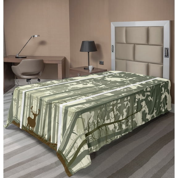 Ambesonne Forest Flat Sheet, Pine Trees Deer Motif, Twin Size, Sage Green Cream Brown